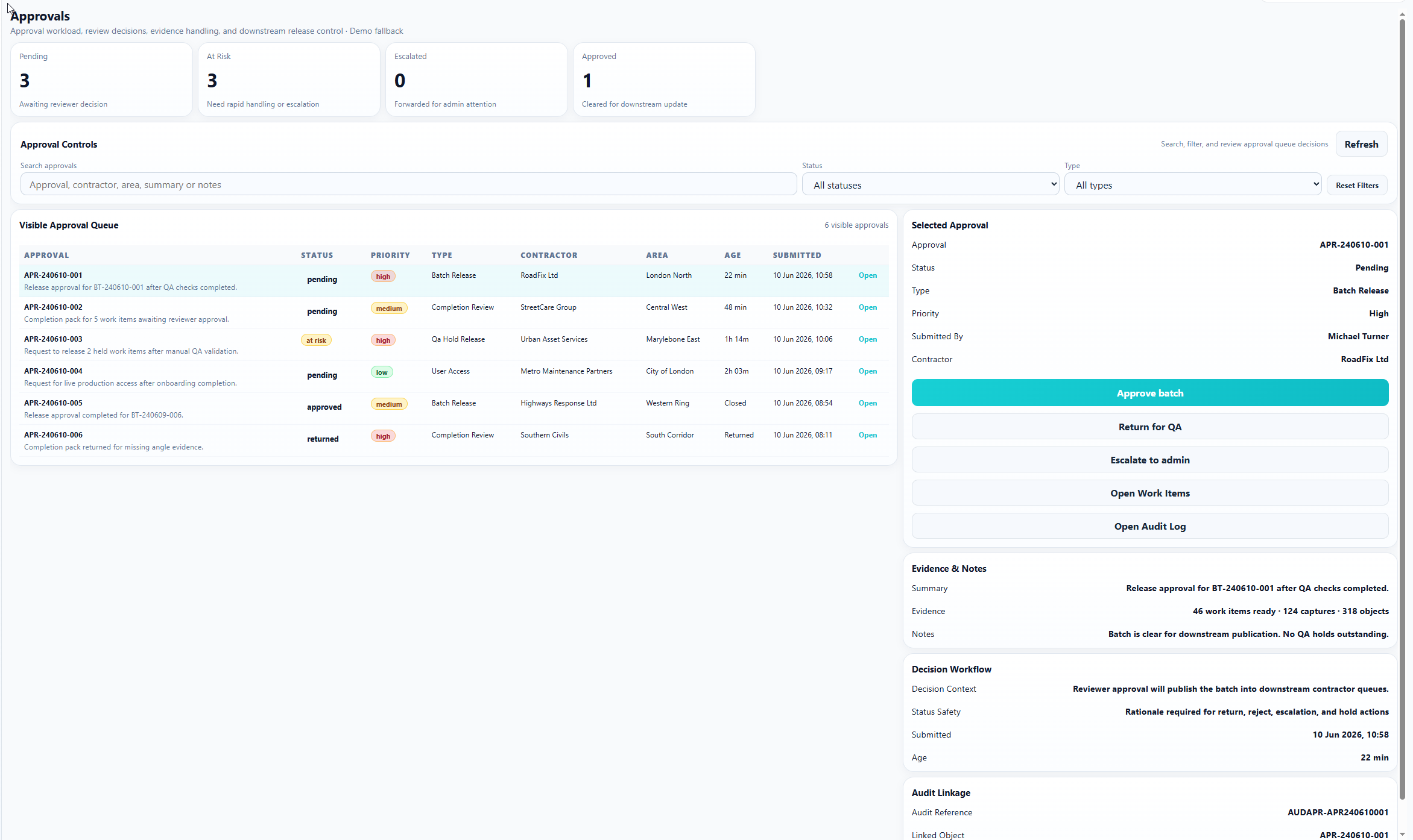ARCH approvals interface showing reviewer decisions and controlled release actions