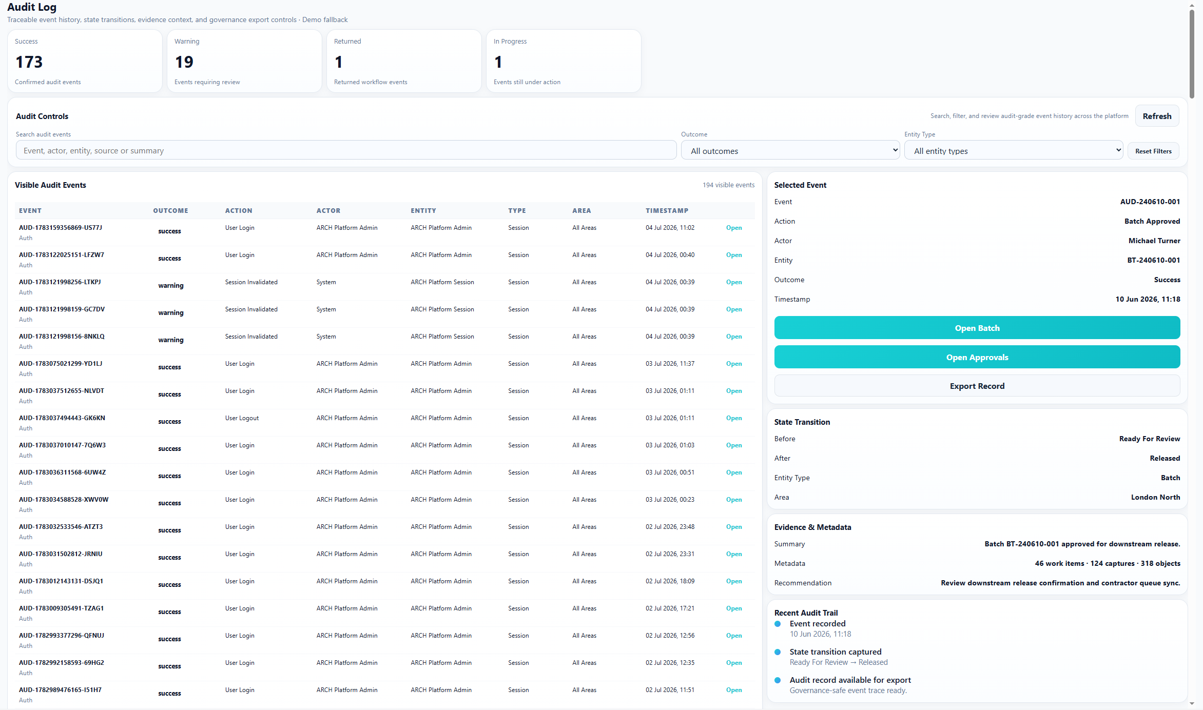 ARCH audit log showing events, filters and selected event details