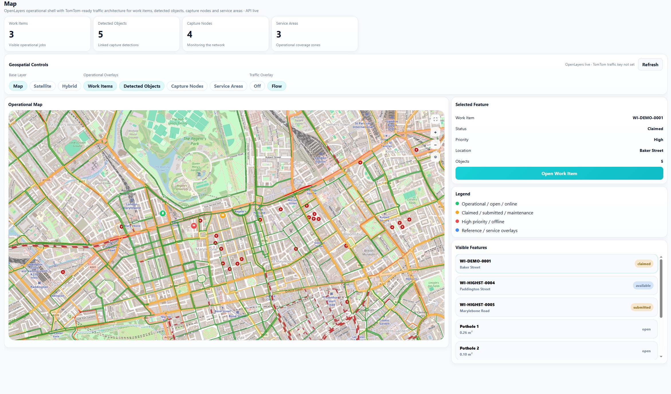 ARCH operational map showing work items, captured objects, nodes and service areas